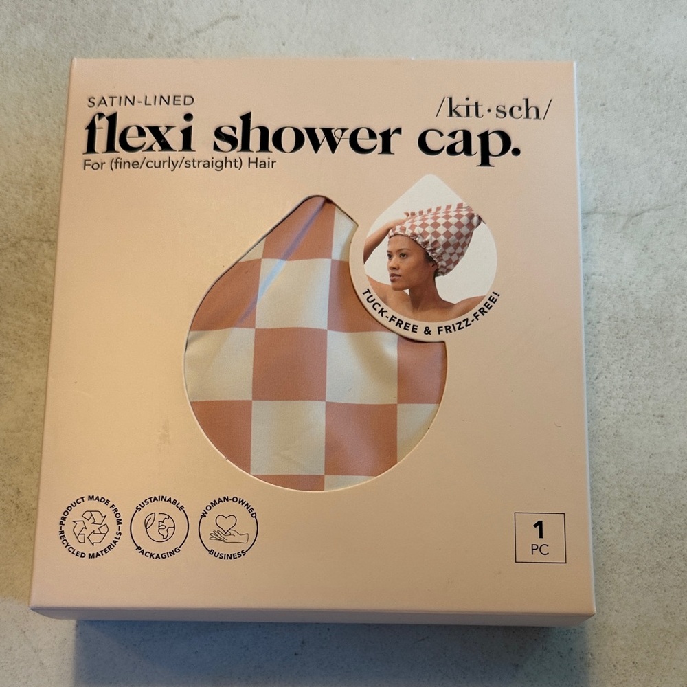 Kitsch Flexi Shower Cap Satin Lined Terracotta checker